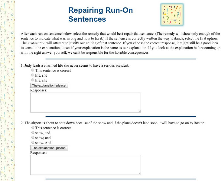 Guide to Grammar and Writing: Avoiding Run on Sentences Practice Exercise Unknown Type