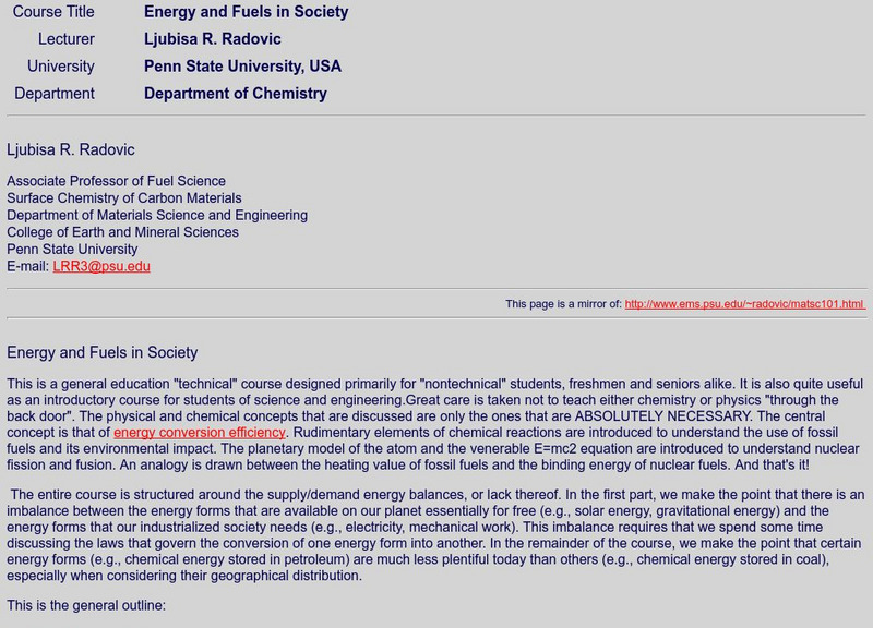 Penn State University: Energy and Fuels in Society Handout Penn State University: Energy and Fuels in Society Handout