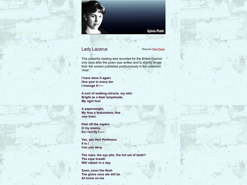 Bbc: Poetry Out Loud Lady Lazarus by Sylvia Plath Audio Bbc: Poetry Out Loud Lady Lazarus by Sylvia Plath Audio