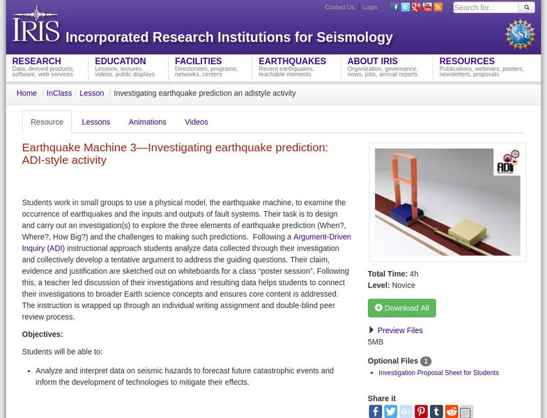 Iris: Earthquake Machine 3 Earthquake Prediction: Adi Style Activity Lesson Plan