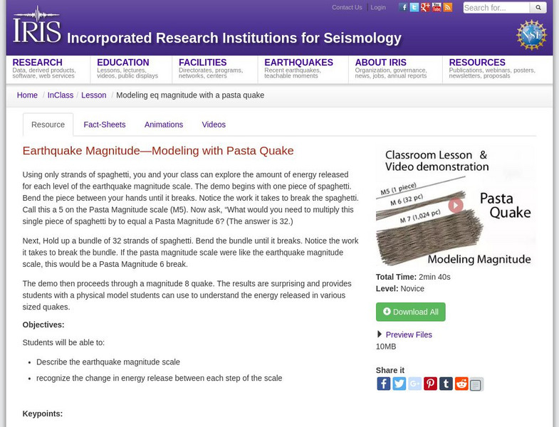 Iris: Earthquake Magnitude Modeling With Pasta Quake Lesson Plan