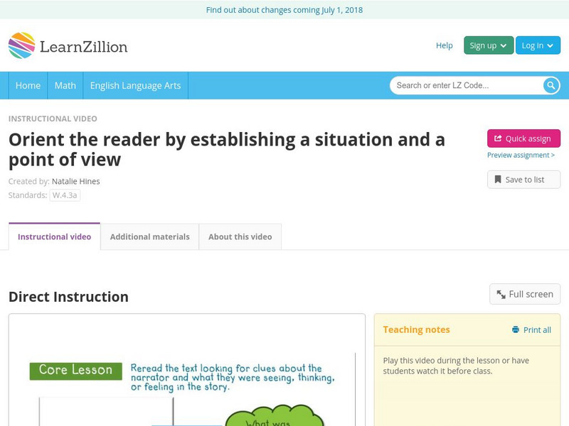 Learn Zillion: Orient the Reader by Establishing a Situation and a Point of View Instructional Video
