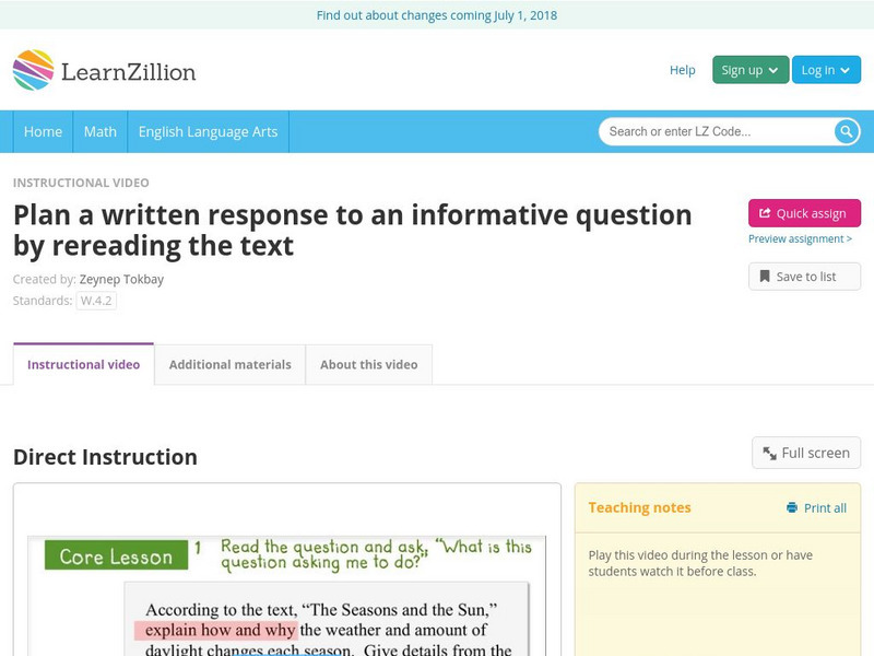 Learn Zillion: Plan a Written Response to an Informative Question by Rereading Instructional Video Learn Zillion: Plan a Written Response to an Informative Question by Rereading Instructional Video