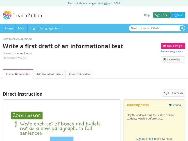 Learn Zillion: Write a First Draft of an Informational Text Instructional Video