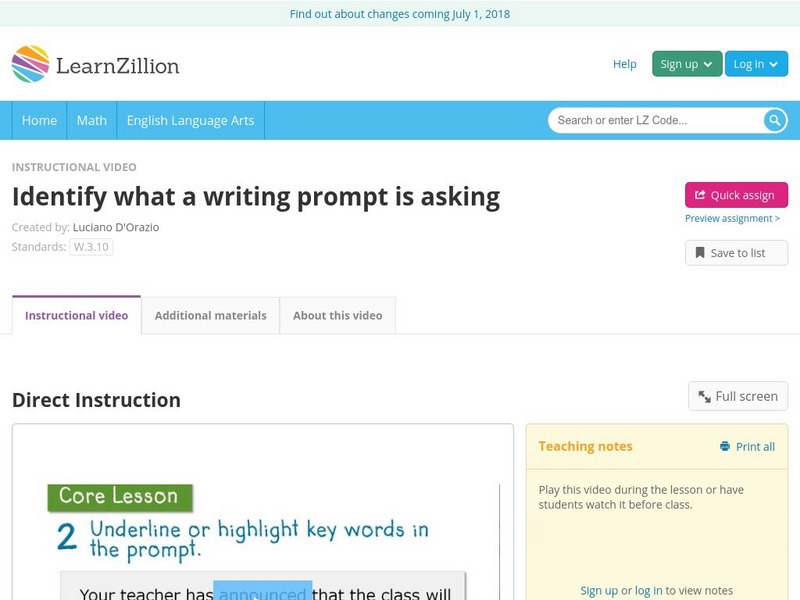 Learn Zillion: Identify What a Writing Prompt Is Asking Instructional Video