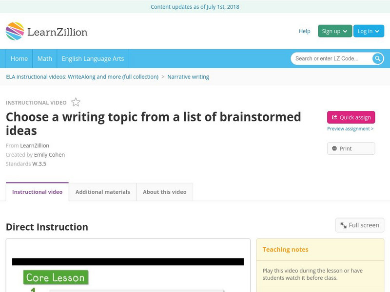 Learn Zillion: Choose a Writing Topic From a List of Brainstormed Ideas Instructional Video