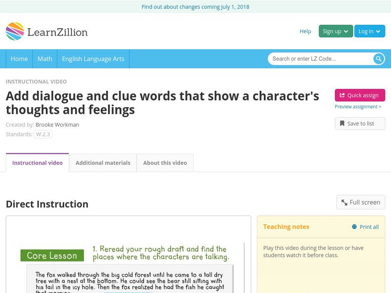 Learn Zillion: Add Dialogue That Shows a Character's Thoughts and Feelings Instructional Video Learn Zillion: Add Dialogue That Shows a Character's Thoughts and Feelings Instructional Video