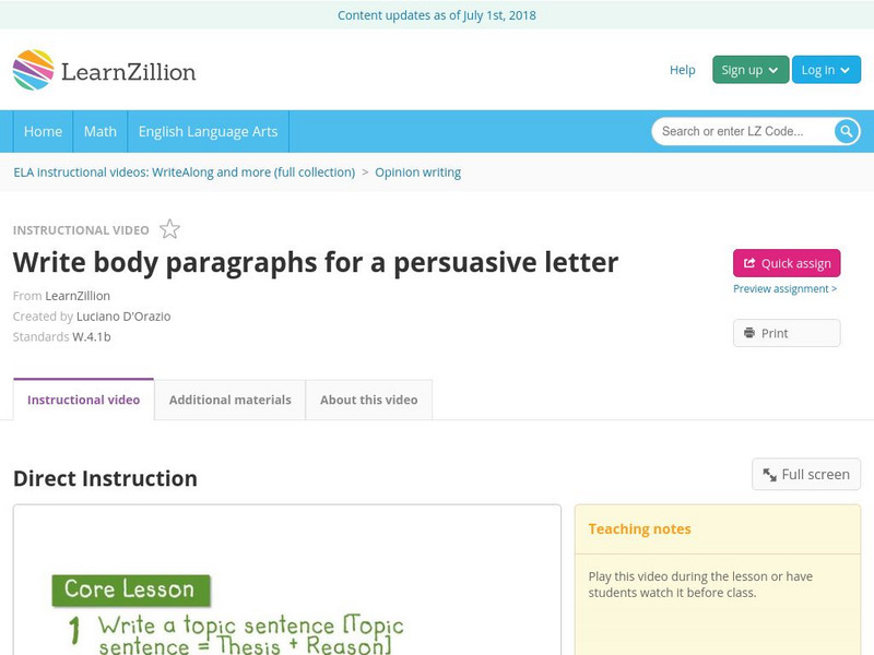 Learn Zillion: Write Body Paragraphs for a Persuasive Letter Instructional Video Learn Zillion: Write Body Paragraphs for a Persuasive Letter Instructional Video