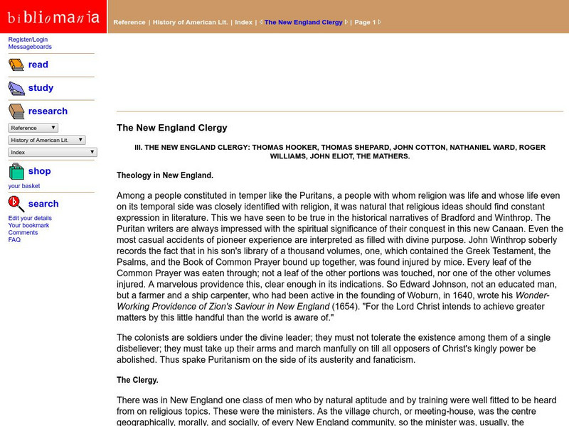 Bibliomania: The New England Clergy Handout Bibliomania: The New England Clergy Handout