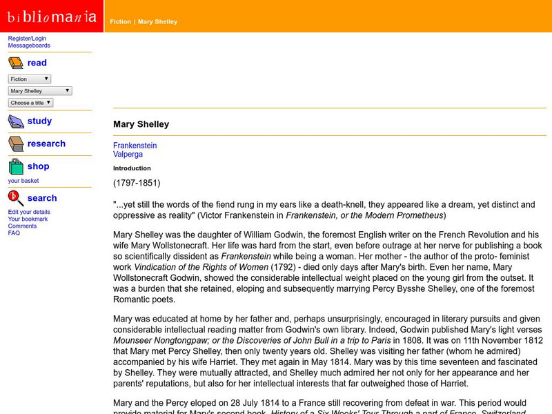Bibliomania: Mary Shelley Primary Bibliomania: Mary Shelley Primary