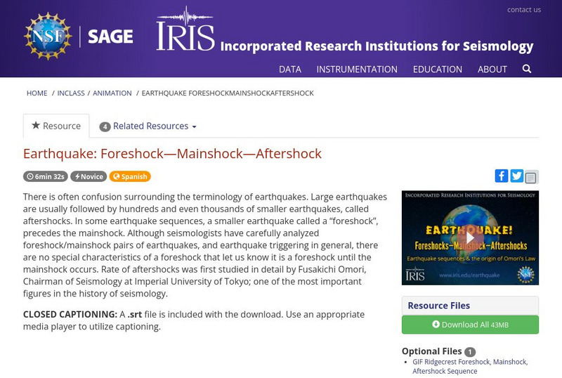 Iris: Earthquake: Foreshock Mainshock Aftershock Instructional Video Iris: Earthquake: Foreshock Mainshock Aftershock Instructional Video