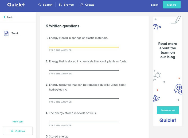 Quizlet: 6th Grade Science: Energy Vocabulary: Test Unknown Type Quizlet: 6th Grade Science: Energy Vocabulary: Test Unknown Type