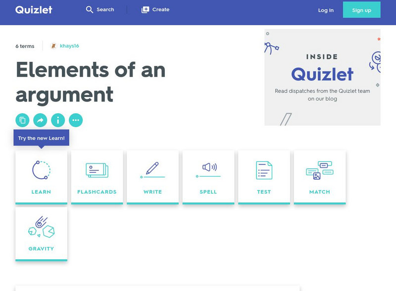 Quizlet: Elements of an Argument Flashcards Activity
