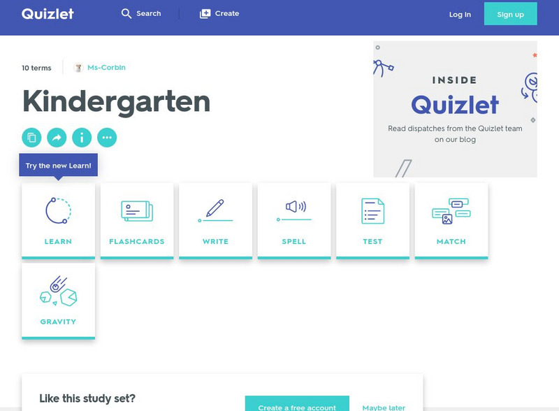 Quizlet: Kindergarten Interactive Quizlet: Kindergarten Interactive
