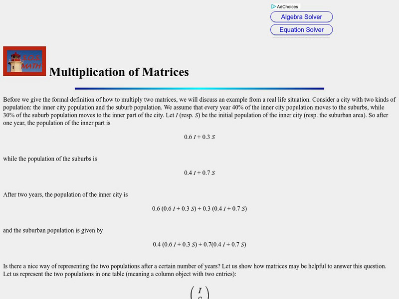 S.o.s. Math: Multiplication of Matrices Activity S.o.s. Math: Multiplication of Matrices Activity