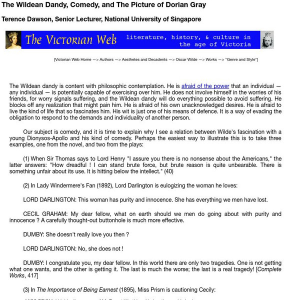 The Victorian Web: The Wildean Dandy, and Comedy, and the Picture of Dorian Gray Primary The Victorian Web: The Wildean Dandy, and Comedy, and the Picture of Dorian Gray Primary