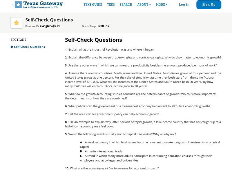 Texas Gateway: Macroeconomics: Chapter 6: Economic Growth: Self Check Questions Unknown Type
