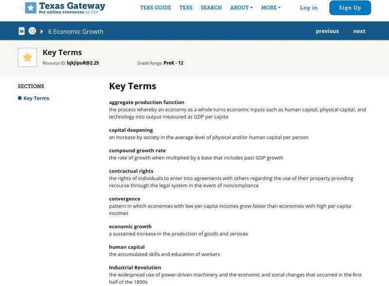 Texas Gateway: Ap Macroeconomics: Chapter 6: Economic Growth: Key Terms Handout