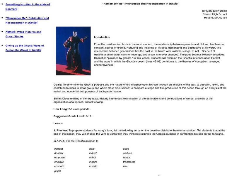 Mit: Remember Me: Retribution and Reconciliation in Hamlet Lesson Plan Mit: Remember Me: Retribution and Reconciliation in Hamlet Lesson Plan