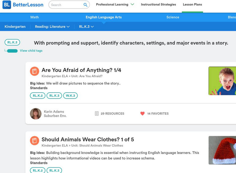Better Lesson: rl.k.3 With Prompting and Support, Identify Characters, Settings, Lesson Plan