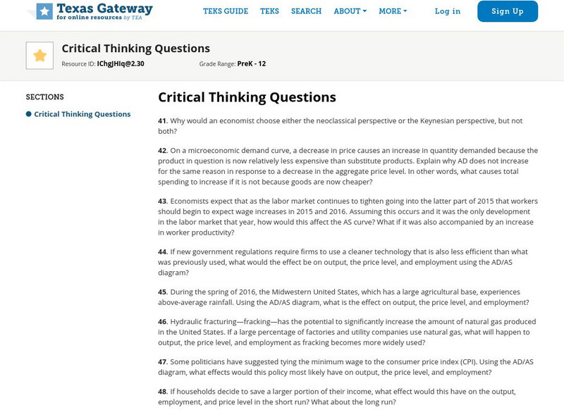 Texas Gateway: Ch.10: Aggregate Demand/supply Model: Critical Thinking Questions Unknown Type Texas Gateway: Ch.10: Aggregate Demand/supply Model: Critical Thinking Questions Unknown Type