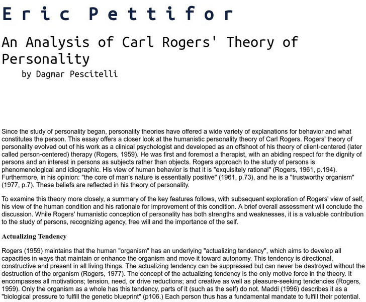 Personality and Consciousness: An Analysis of Carl Rogers' Theory of Personality Handout