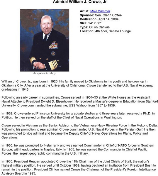Oklahoma State Senate: Senate Artworks: Admiral William J. Crowe, Jr. Handout Oklahoma State Senate: Senate Artworks: Admiral William J. Crowe, Jr. Handout