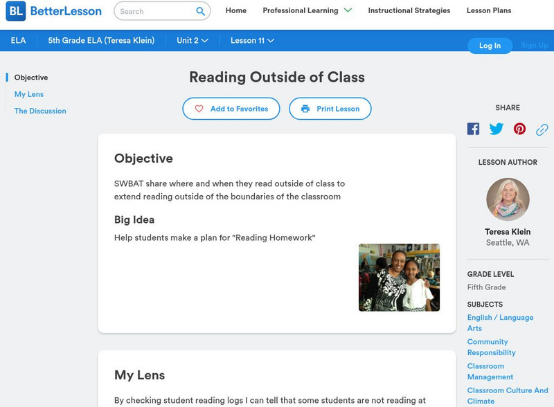 Better Lesson: Lesson: Reading Outside of Class Lesson Plan Better Lesson: Lesson: Reading Outside of Class Lesson Plan