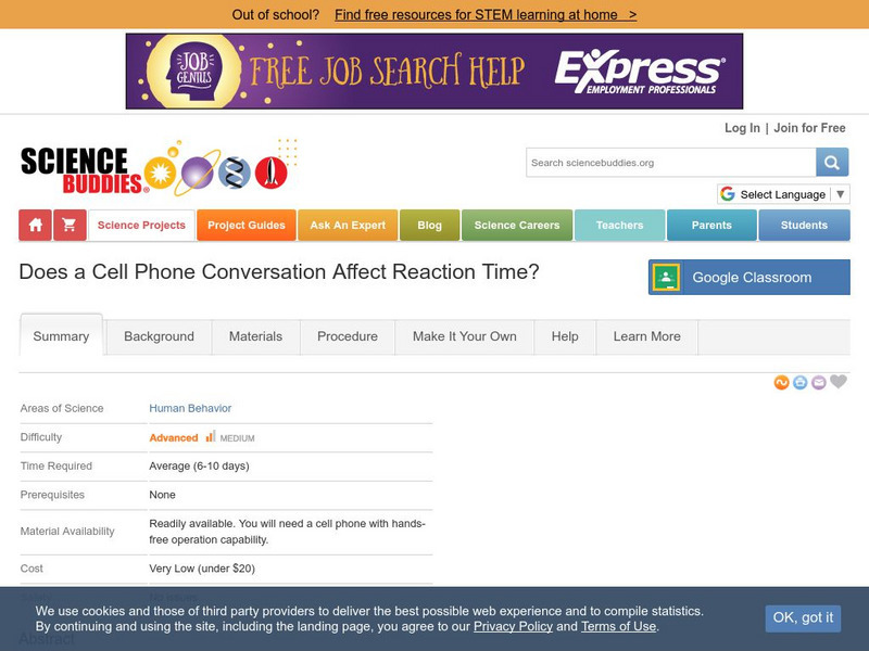 Science Buddies: Does a Cell Phone Conversation Affect Reaction Time? Activity Science Buddies: Does a Cell Phone Conversation Affect Reaction Time? Activity