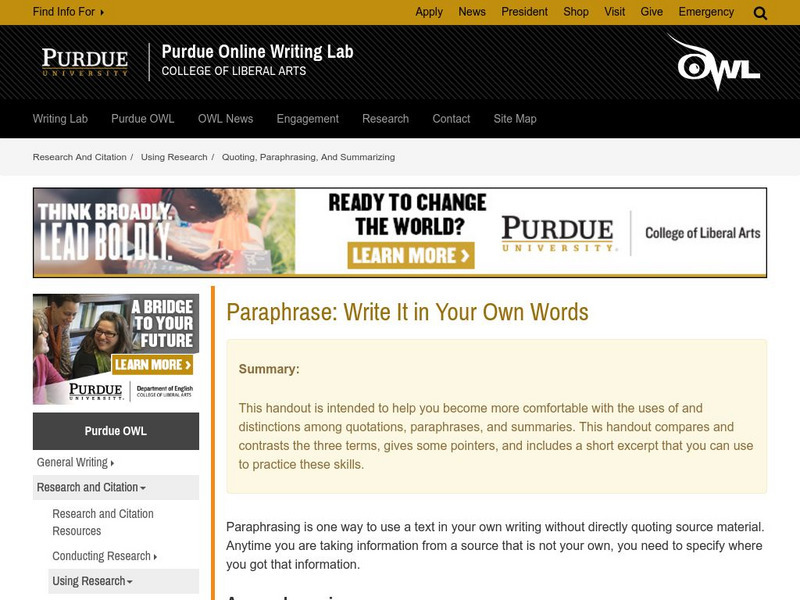 Purdue University Owl: Write It in Your Own Words Handout Purdue University Owl: Write It in Your Own Words Handout
