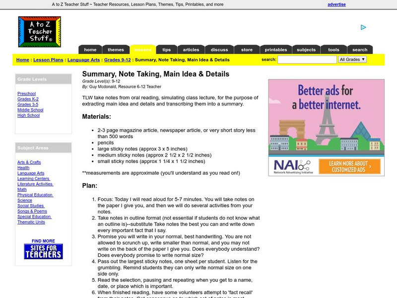 A to Z Teacher Stuff: Summary, Note Taking, Main Idea & Details Lesson Plan A to Z Teacher Stuff: Summary, Note Taking, Main Idea & Details Lesson Plan
