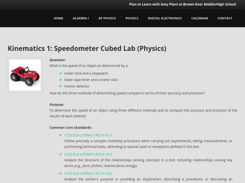 Plan to Learn: Kinematics 1: Speedometer Cubed Lab (Physics) Activity