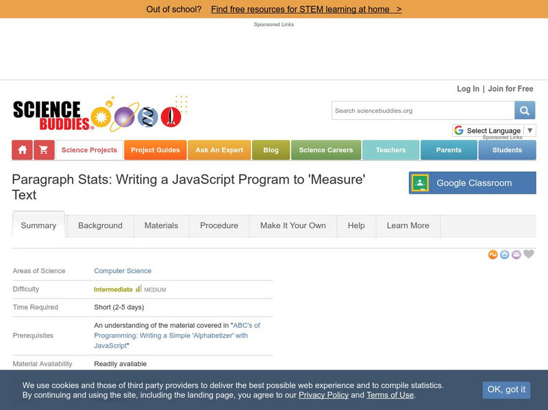 Science Buddies: Paragraph Stats: Writing a Java Script Program to 'Measure' Text Activity Science Buddies: Paragraph Stats: Writing a Java Script Program to 'Measure' Text Activity
