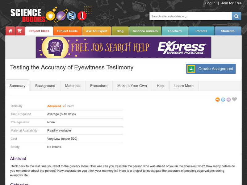 Science Buddies: Testing the Accuracy of Eyewitness Testimony Activity Science Buddies: Testing the Accuracy of Eyewitness Testimony Activity