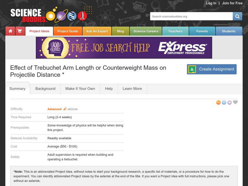 Science Buddies: Effect of Trebuchet Arm Length or Counterweight Mass on Project Activity Science Buddies: Effect of Trebuchet Arm Length or Counterweight Mass on Project Activity