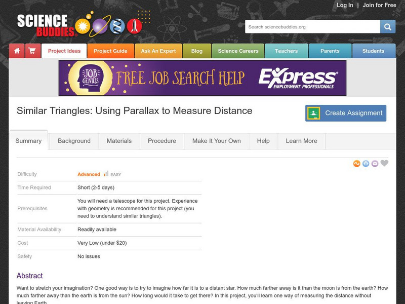 Science Buddies: Similar Triangles: Using Parallax to Measure Distance Activity Science Buddies: Similar Triangles: Using Parallax to Measure Distance Activity