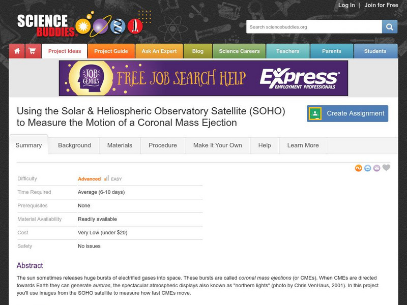 Science Buddies: Observatory Satellite Measures Motion of Coronal Mass Ejection Activity Science Buddies: Observatory Satellite Measures Motion of Coronal Mass Ejection Activity