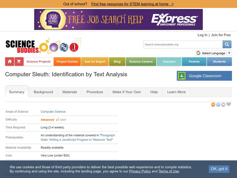 Science Buddies: Computer Sleuth: Identification by Text Analysis Activity