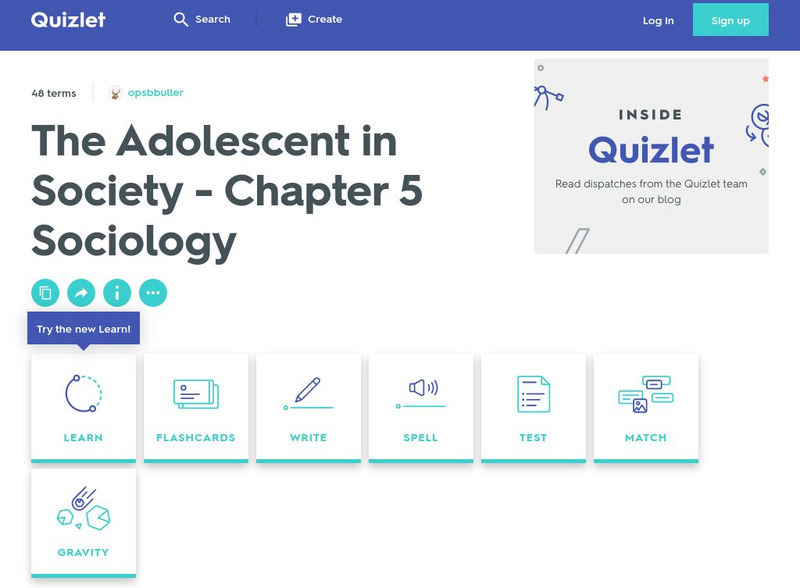 Quizlet: The Adolescent in Society Chapter 5 Sociology Interactive Quizlet: The Adolescent in Society Chapter 5 Sociology Interactive