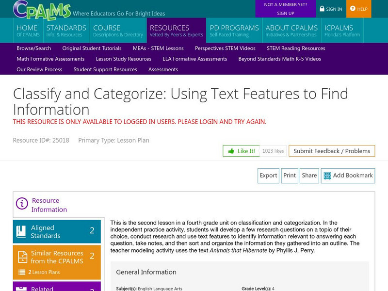 Cpalms: Classify and Categorize: Using Text Features to Find Information Lesson Plan Cpalms: Classify and Categorize: Using Text Features to Find Information Lesson Plan
