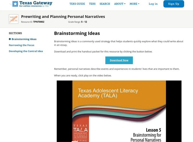 Texas Gateway: Teaching: Prewriting and Planning Personal Narratives Lesson Plan Texas Gateway: Teaching: Prewriting and Planning Personal Narratives Lesson Plan