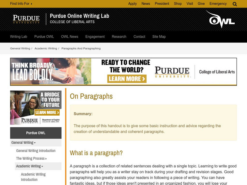 Purdue University Owl: On Paragraphs Handout Purdue University Owl: On Paragraphs Handout