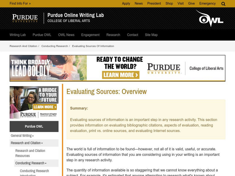 Purdue University Owl: Evaluating Sources: Overview Handout Purdue University Owl: Evaluating Sources: Overview Handout