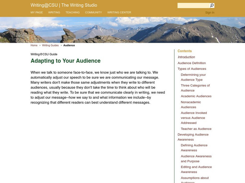 Colorado State Writing Center: Adapting to Your Audience Handout Colorado State Writing Center: Adapting to Your Audience Handout