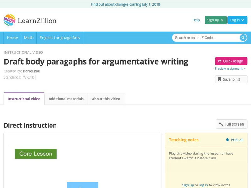 Learn Zillion: Draft Body Paragaphs for Argumentative Writing Instructional Video Learn Zillion: Draft Body Paragaphs for Argumentative Writing Instructional Video