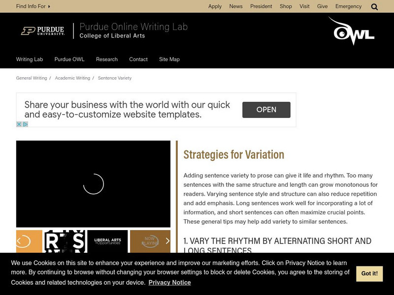 Purdue University Owl: Academic Writing: Sentence Variety: Strategies for Variation Handout Purdue University Owl: Academic Writing: Sentence Variety: Strategies for Variation Handout