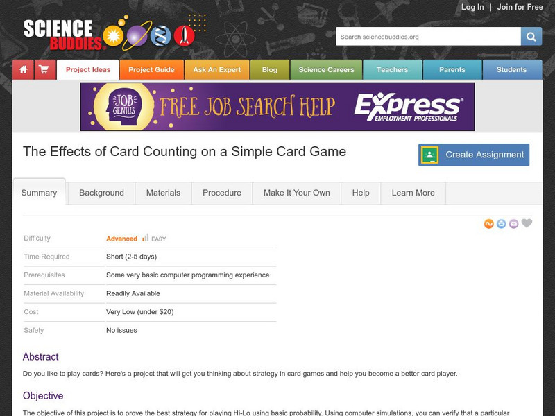 Science Buddies: The Effects of Card Counting on a Simple Card Game Activity