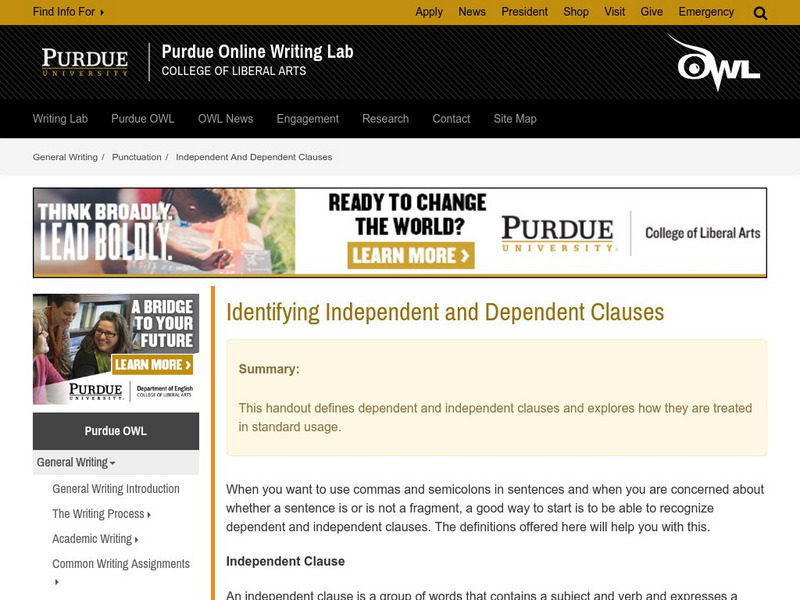 Purdue University Owl: Independent and Dependent Clauses Handout Purdue University Owl: Independent and Dependent Clauses Handout