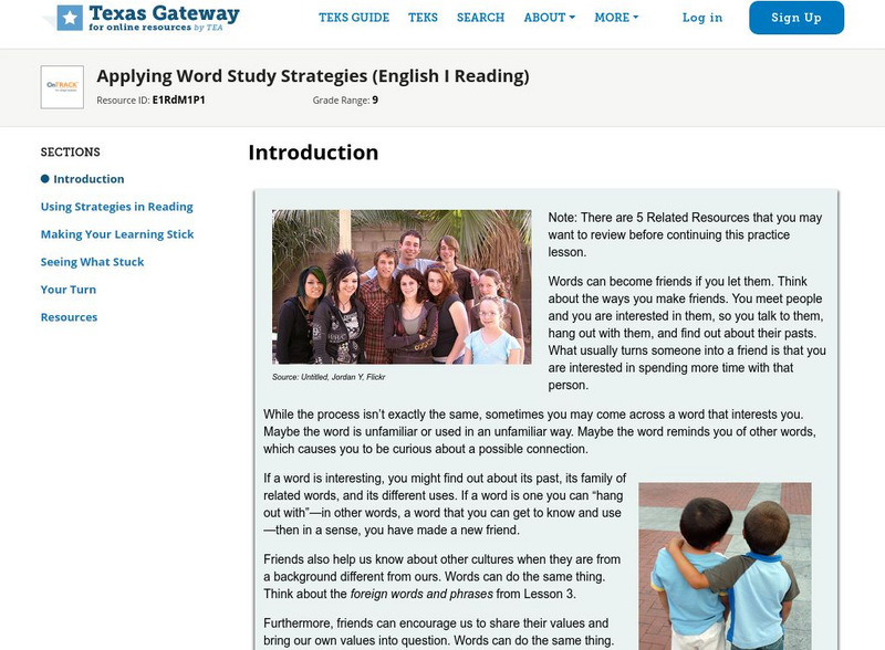 Texas Gateway: Applying Word Study Strategies (English I Reading) Unit Plan Texas Gateway: Applying Word Study Strategies (English I Reading) Unit Plan