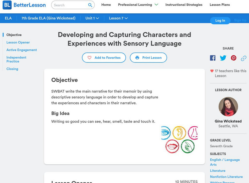 Better Lesson: Developing Characters and Experiences With Sensory Language Lesson Plan